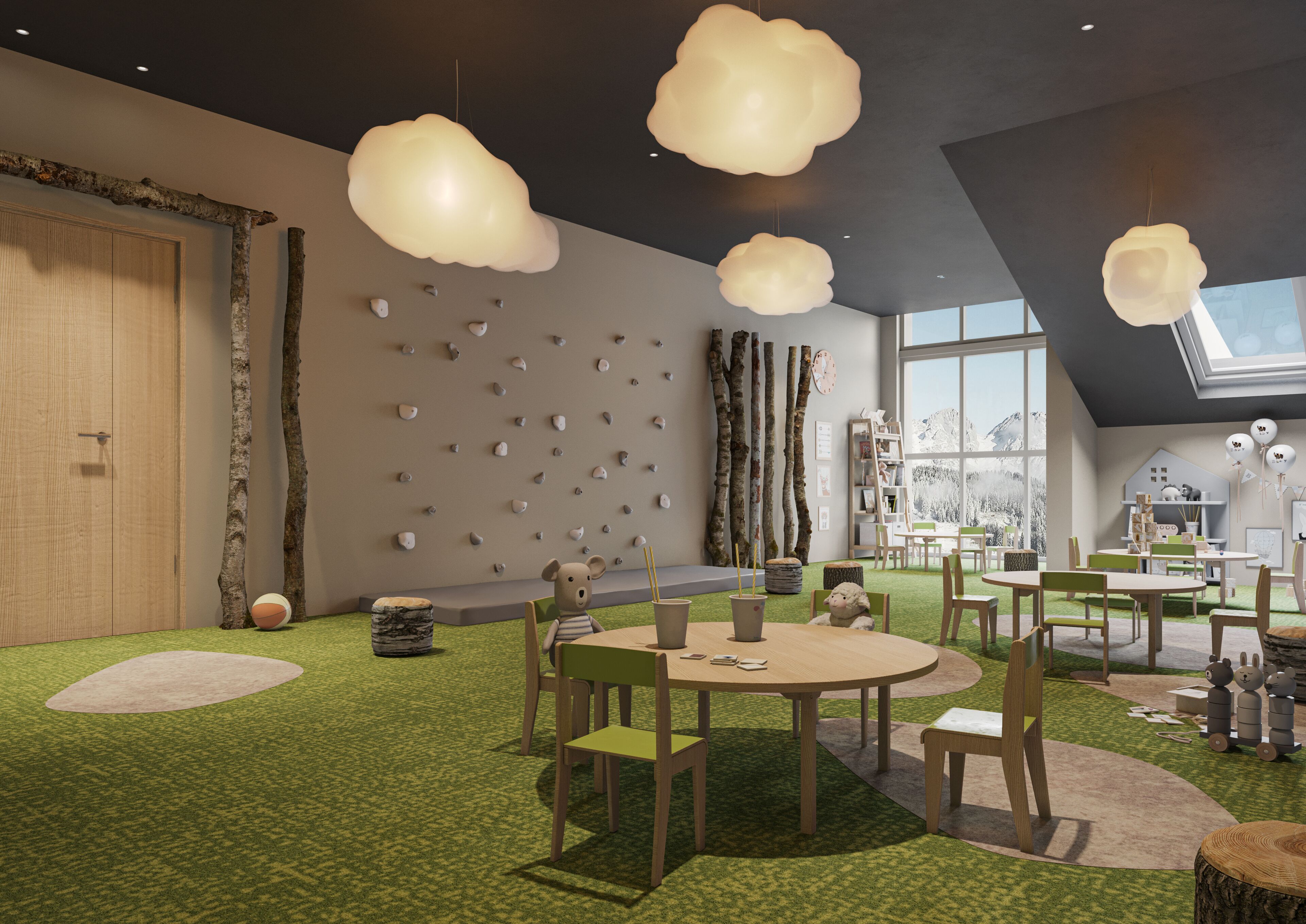 A modern children's playroom with round tables, green carpet, and cloud-shaped ceiling lights.