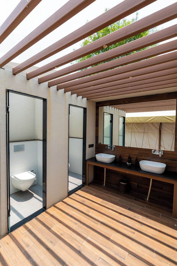 Une salle de bain moderne avec une plateforme en bois, deux vasques, un grand miroir et un espace douche.