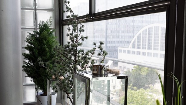 Un balcon agrémenté d’un pot de fleurs, d’une table en verre et offrant une vue sur le paysage urbain à travers de grandes fenêtres.