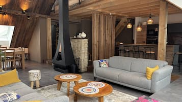 Télévision, cheminée, espaces bureaux