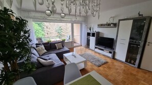 Flachbildfernseher, DVD-Player, Bücher, Stereoanlage