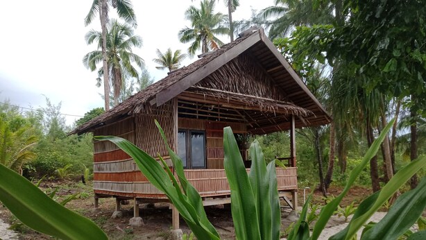 A wooden structure with a thatched roof, surrounded by tropical vegetation. - marine homestay (Pulau Fam)