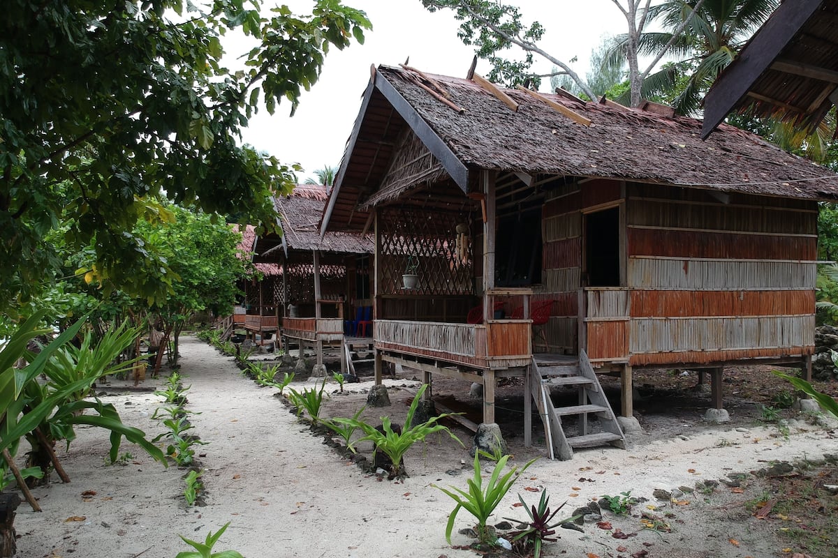 A row of traditional wooden houses with thatched roofs, surrounded by lush greenery and a sandy path.