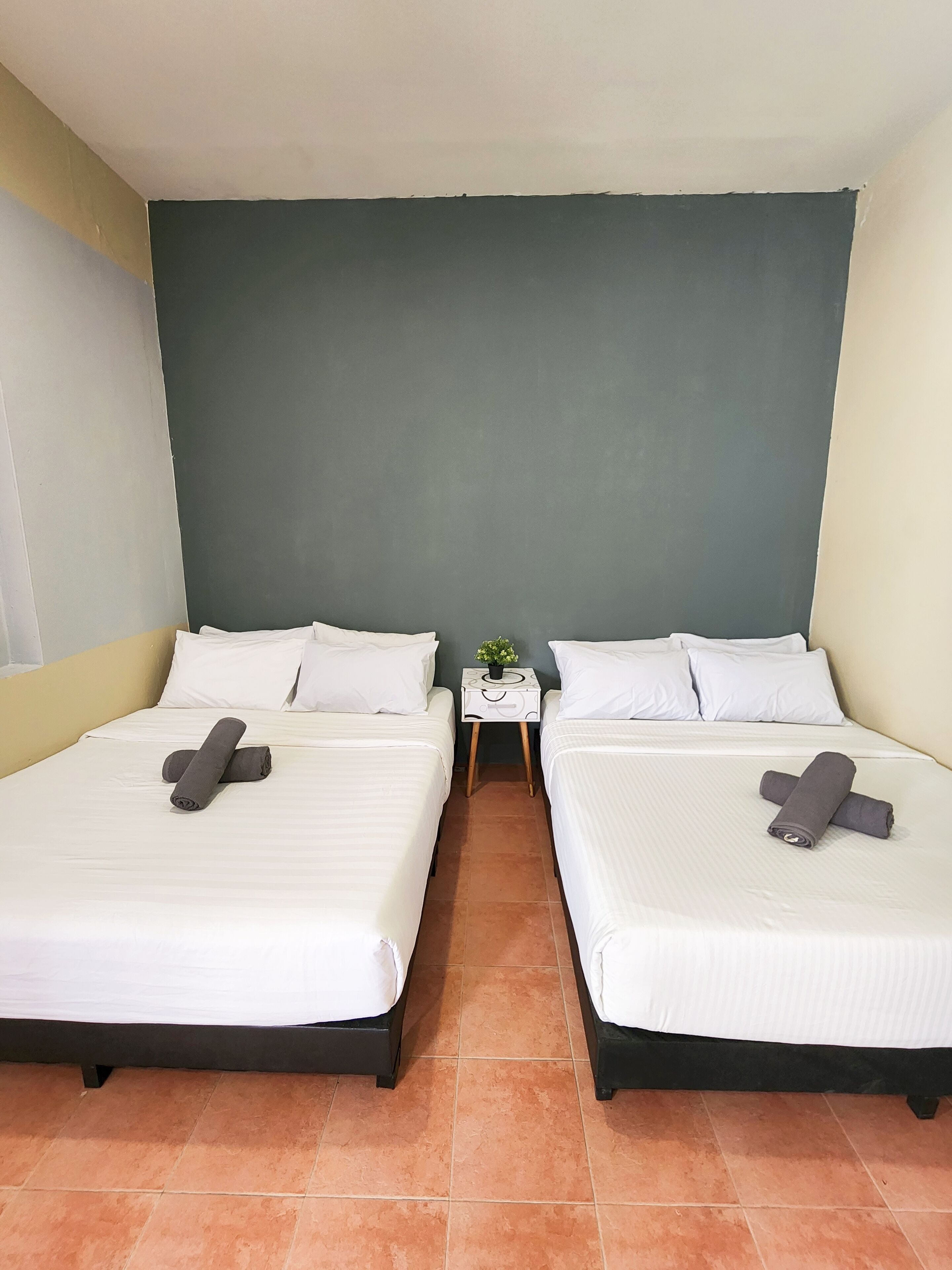 A hotel room with two beds, a nightstand with a plant, and a plain wall.
