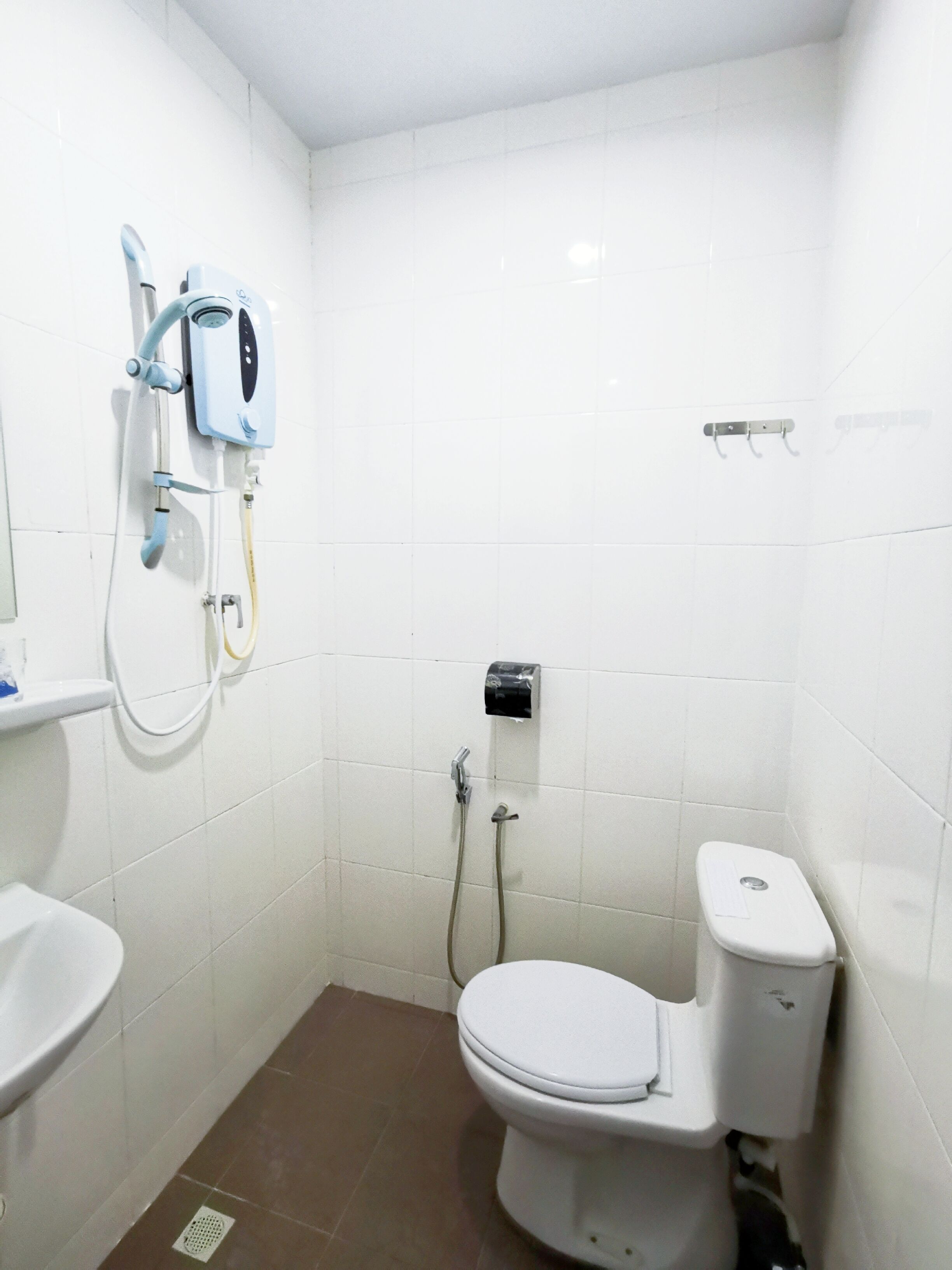 Une petite salle de bain aux murs blancs, équipée de toilettes, d’un lavabo et d’une douche fixée au mur.
