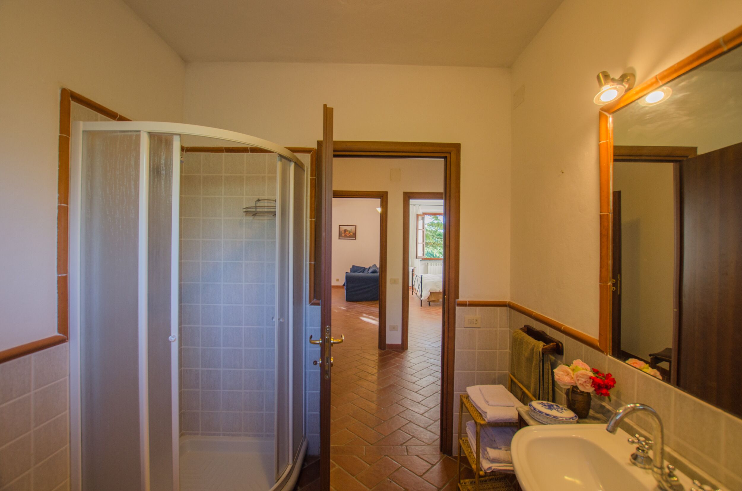 Ein Badezimmer mit Dusche, Waschbecken und Spiegel. Ein Flur führt zu einem Wohnbereich mit einer Couch.