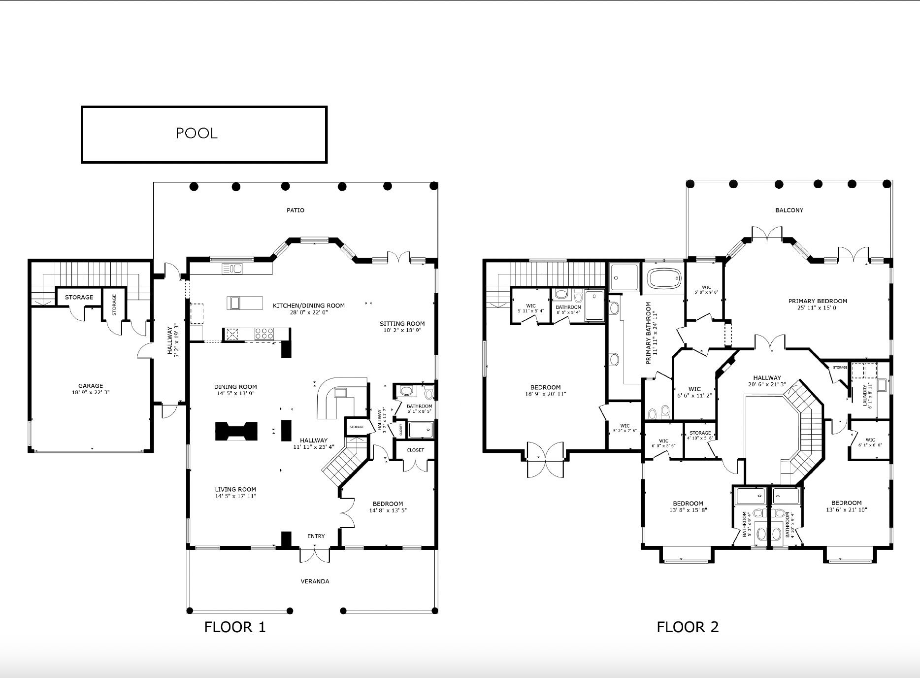 Two floor plans of a property with a pool, patio, and various rooms including a kitchen, dining room, living room, bedrooms, and bathrooms.