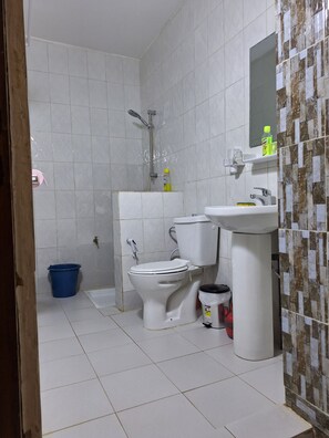 Shower, towels, soap, shampoo