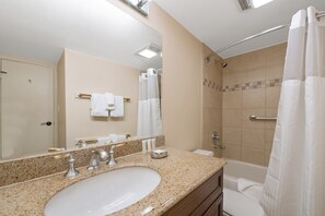 Combined shower/tub, soap, shampoo