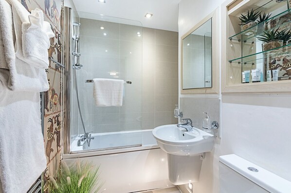 Combined shower/tub, hair dryer, towels, soap