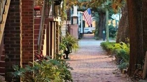 A brick-paved alleyway with a building on the left, American flags, and trees. - Classic Jones Street Apartment-Off Street Parking Spot Included! (Savannah)