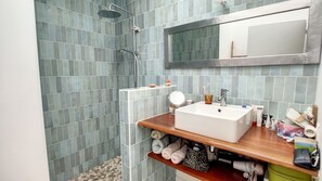 Shower, hair dryer, towels, toilet paper