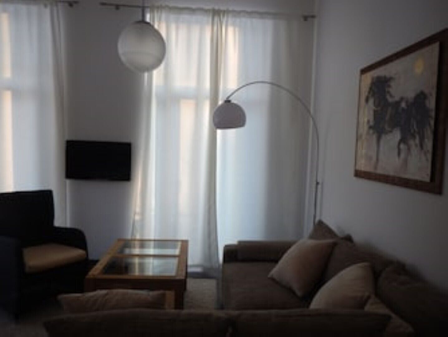 Un salon avec un canapé, une table basse, un téléviseur et un tableau accroché au mur.