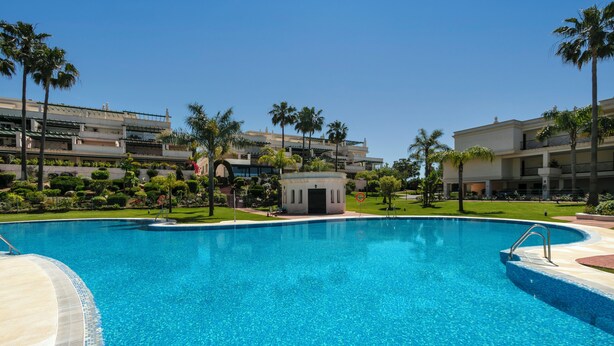 Piscina con agua azul cristalina, rodeada de palmeras y un edificio de diseño moderno.