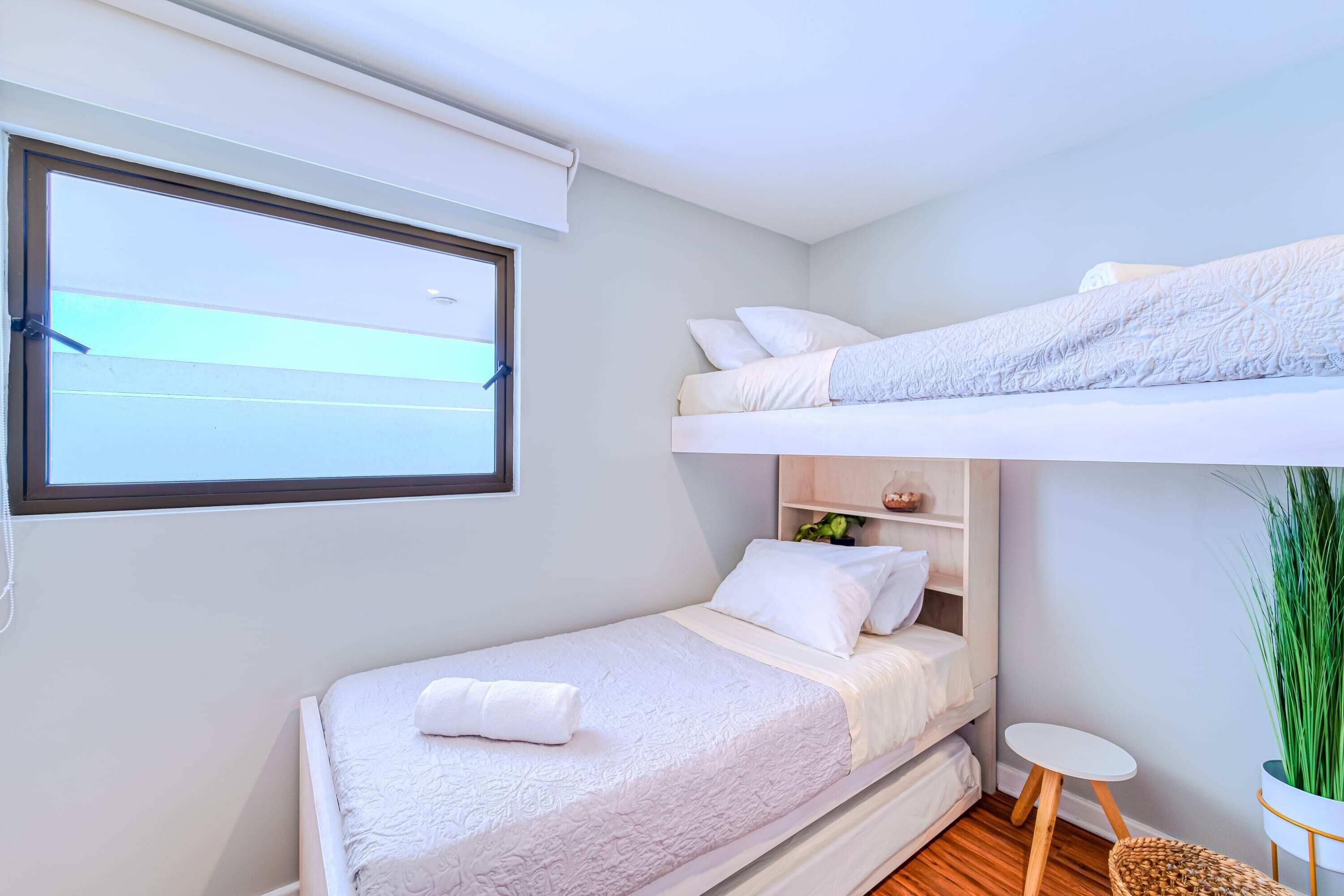 A compact room with a bunk bed, a small bedside table, a potted plant, and a window with blinds.