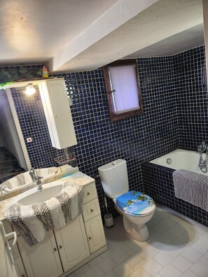 Een haardroger, handdoeken, toiletpapier