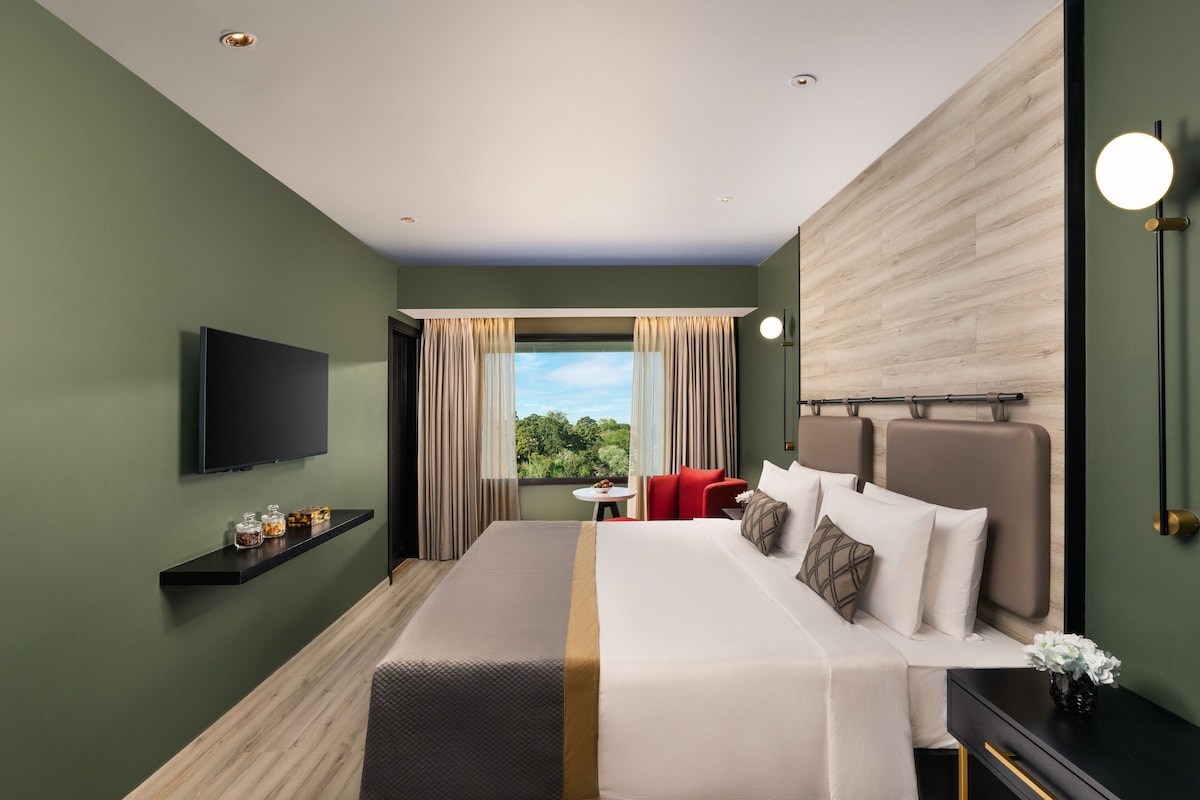 Une chambre d’hôtel avec un grand lit, une télévision, une petite table et une vue sur l’extérieur.