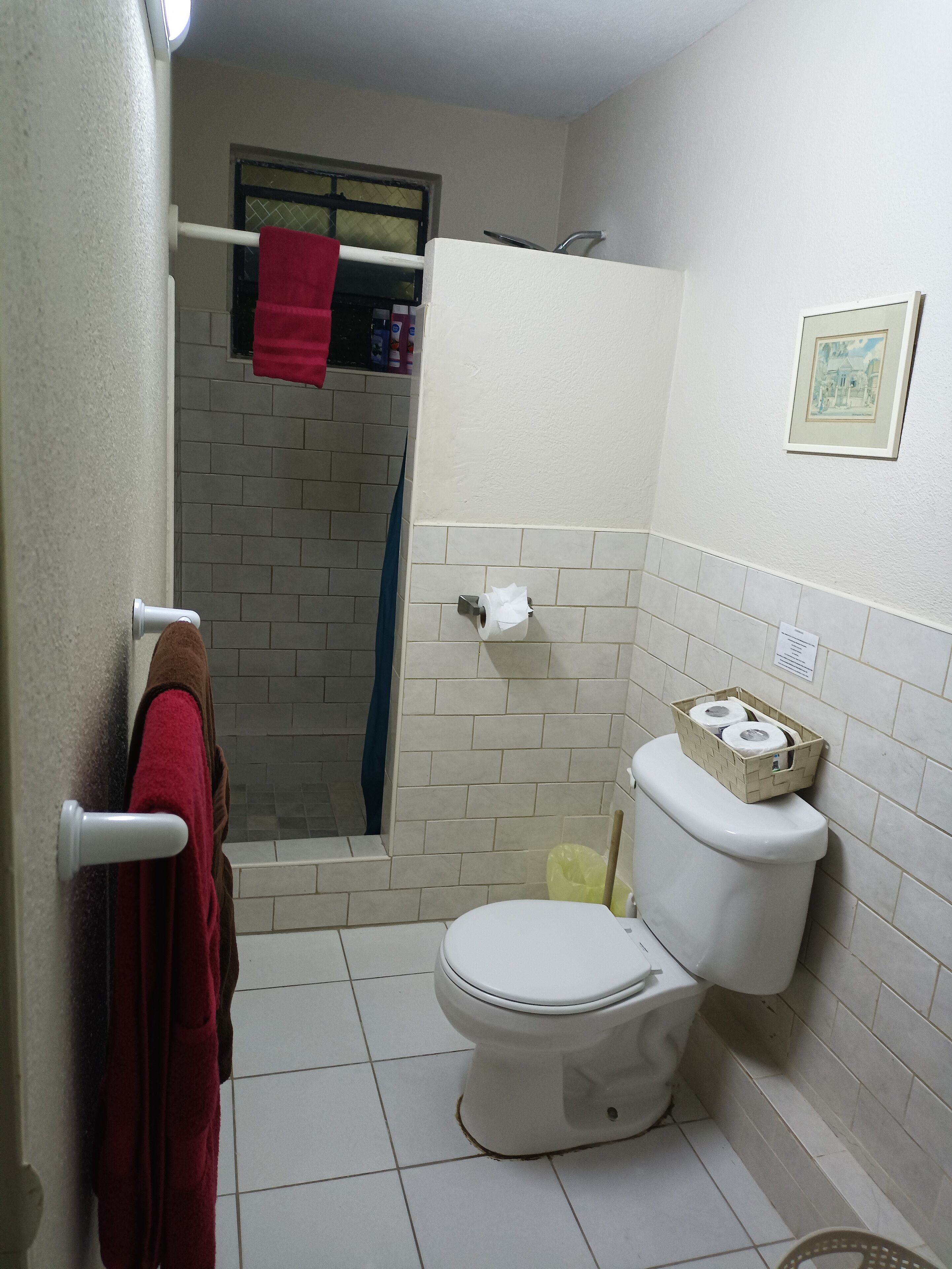 Um banheiro pequeno com vaso sanitário, um porta-toalhas com uma toalha vermelha, um cortina de chuveiro e um cesto de papel higiênico na parede.