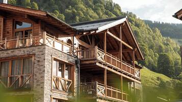 Situated lakeside, this chalet offers a serene view of the surrounding forested hills from its balcony.