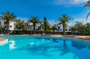 A swimming pool with clear blue water, surrounded by palm trees and white buildings.