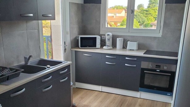 A modern kitchen with grey cabinets, a microwave, a coffee maker, and a toaster. - Modern, fully-equipped apartment (L'Isle-Jourdain)