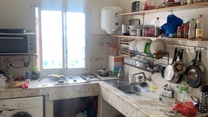 Une cuisine compacte équipée d’un lave-linge, d’un petit réfrigérateur et d’un évier.