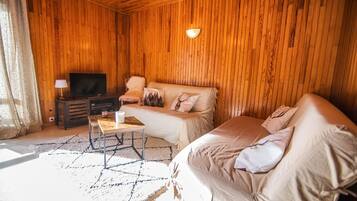 Een gezellige kamer met houten wanden, een bank, een televisie en een klein tafeltje.