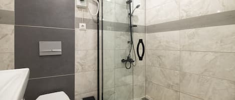 Shower, rainfall showerhead, hair dryer, slippers