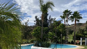A swimming pool surrounded by a well-maintained lawn, palm trees, and a hilly landscape in the background. - Beautiful apartment (Mijas)