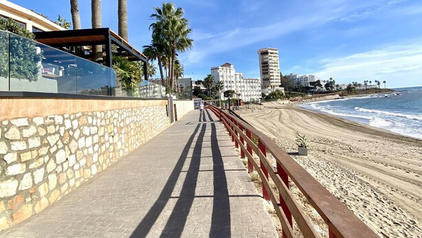 A coastal walkway with palm trees, a stone wall, and a wooden railing. - Beautiful apartment (Mijas)