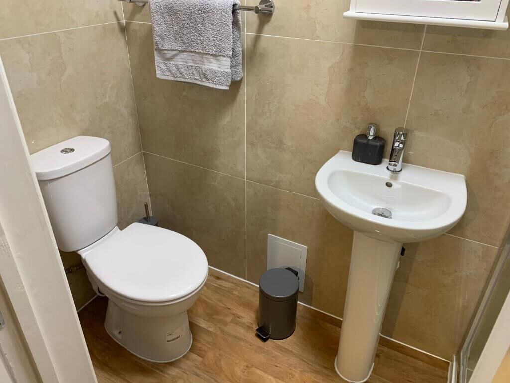 A small bathroom with a toilet, sink, and a trash bin.