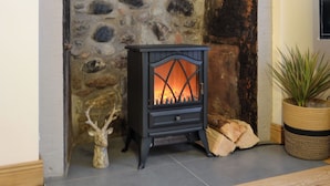 A stone fireplace with a modern wood-burning stove, a decorative deer head, and a potted plant. - Full of character, this cosy cottage is in a quiet lane in a charming village. (Perth)
