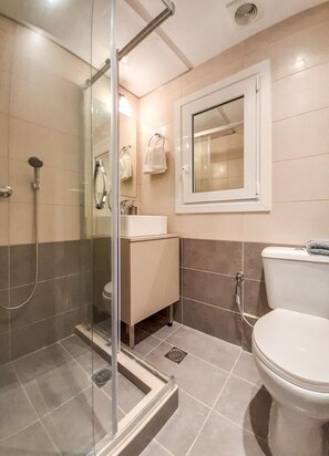 Combined shower/tub, hair dryer, towels, toilet paper