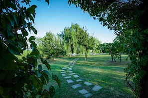 Un sentier de jardin, ponctué de pierres plates, traverse une zone herbeuse bordée d’arbres, sous un ciel bleu dégagé.
