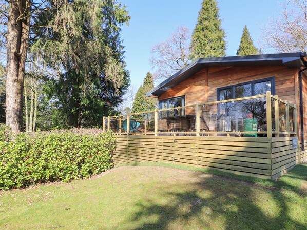 Une cabane en bois dotée d’une terrasse, entourée d’arbres denses et bordée d’une pelouse bien entretenue.