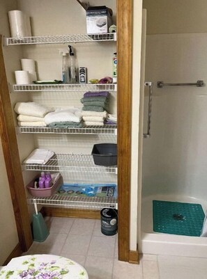 Dusche, Haartrockner, Handtücher, Toilettenpapier