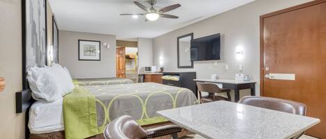 Premium bedding, desk, laptop workspace, free WiFi