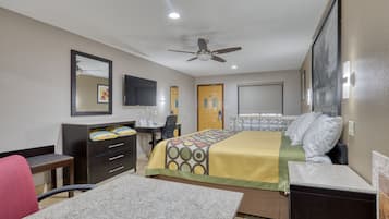 Premium bedding, desk, laptop workspace, free WiFi