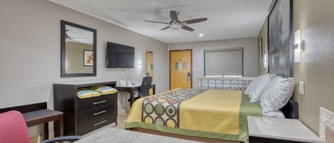 Premium bedding, desk, laptop workspace, free WiFi