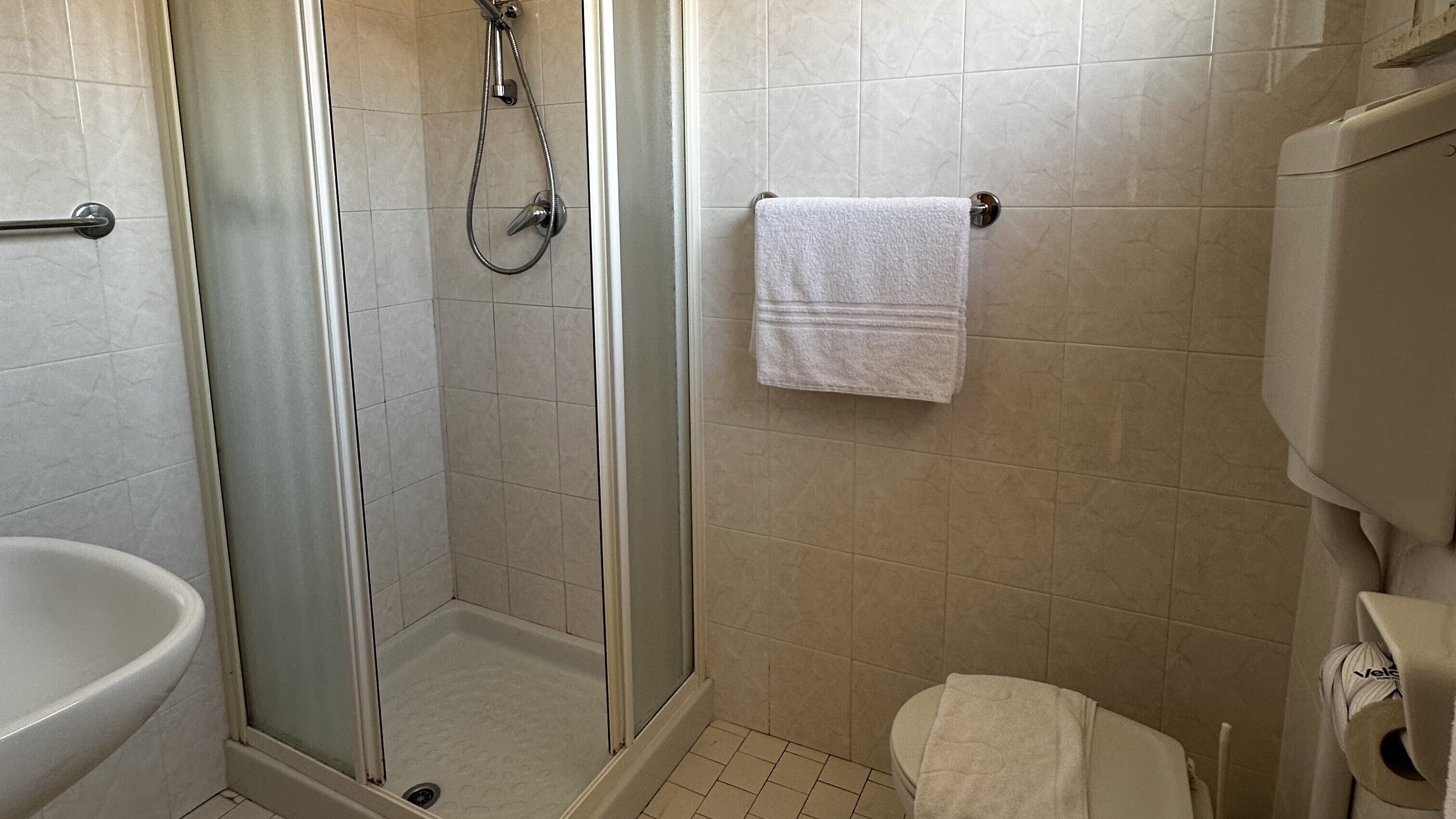 A bathroom with a glass-enclosed shower, a toilet, and a sink.