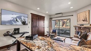 TV, fireplace, books