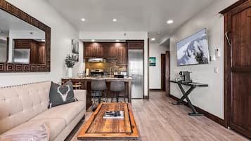 TV, fireplace, books