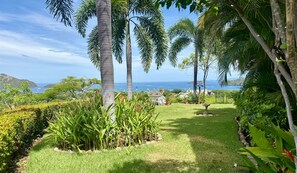 A lush garden with palm trees, a white birdbath, and a view of the ocean. - Little Dubai • 4 BR Luxury Villa in Pacifico • Ocean View & Infinity Pool • 8 Guests (Carrillo)