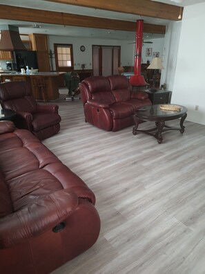 TV, caminetto, lettore DVD, libri