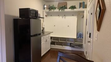 Fridge, microwave, coffee/tea maker, toaster