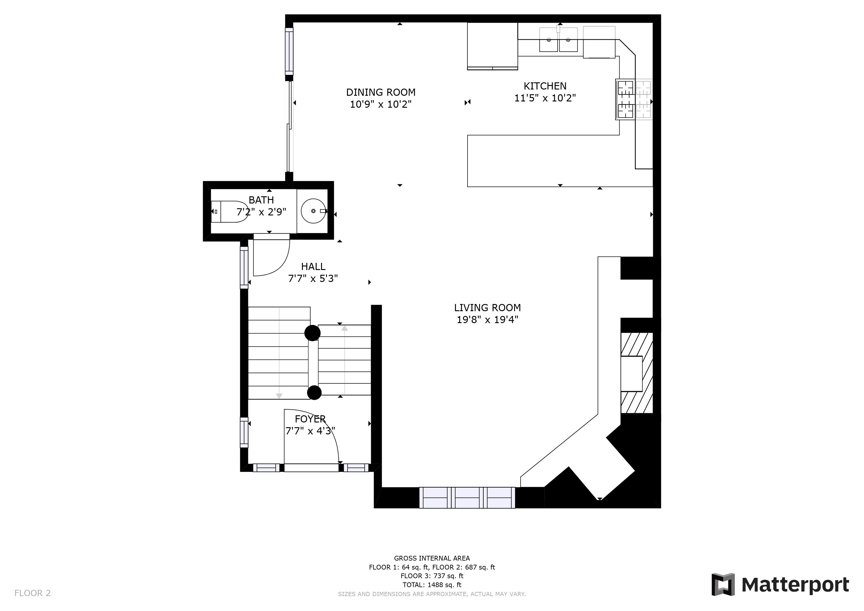 Plano de planta de una casa con comedor, cocina, sala de estar, pasillo y vestíbulo.