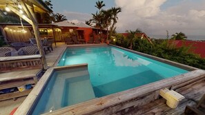 Outdoor pool, pool umbrellas, sun loungers