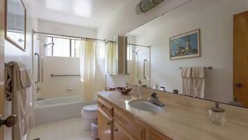 Combined shower/tub, hair dryer, towels, soap