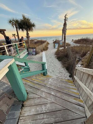 A wooden boardwalk leading to a beach with palm trees and a wooden fence.