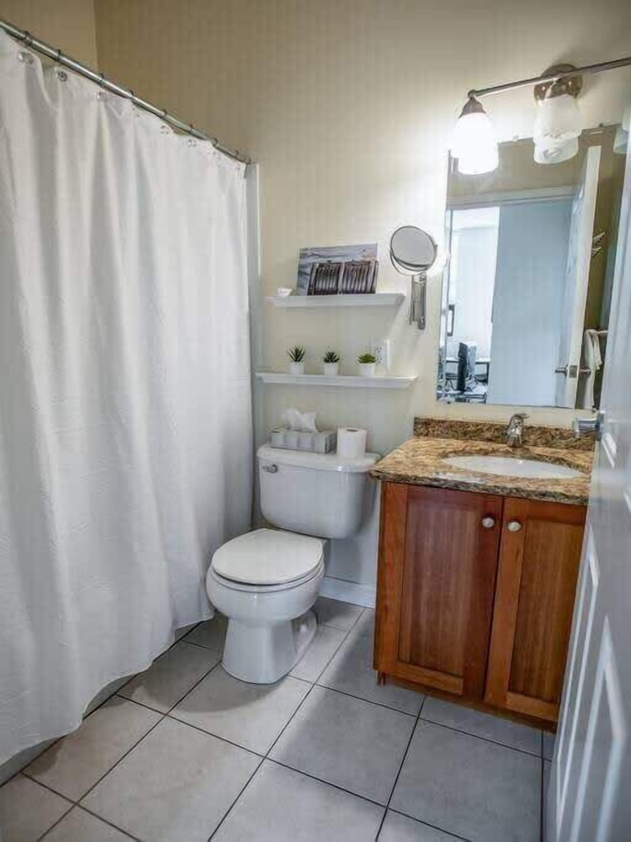Ein Badezimmer mit Toilette, Duschvorhang, Waschbecken mit Spiegel und Ablagen für Toilettenartikel.